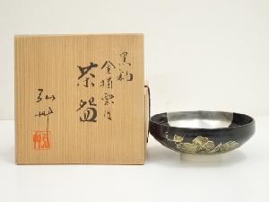 弘竹造　黒釉金描雲月茶碗（共箱）